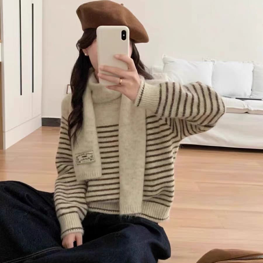 한 부서 스트라이프 풀오버 품격 다용도 루즈핏 분위기 센스 보온 부드러운 찹쌀 스웨터 경기 스카프 만나는 니트 스웨터 트렌디 상세 이미지 2