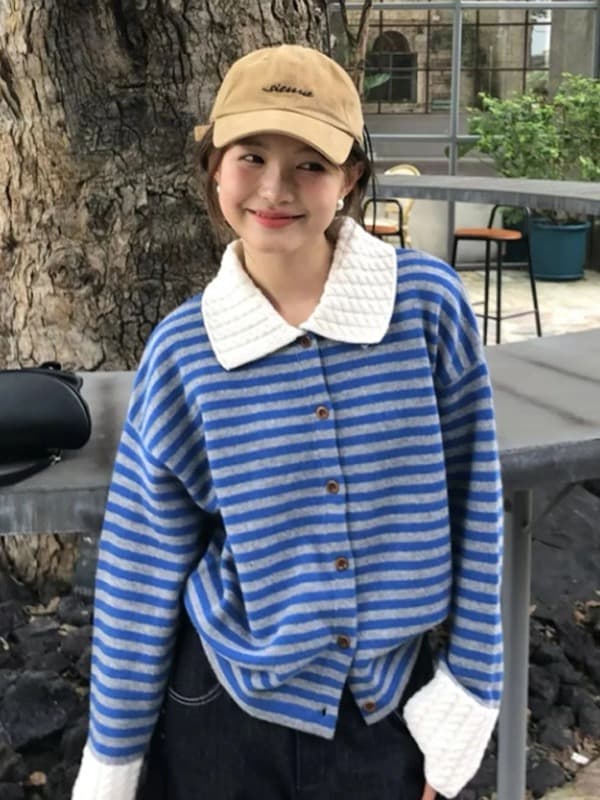 작은 샤넬 스타일 스트라이프 POLO 칼라 긴팔 스웨터 니트 스웨터 여성 조기 가을 느긋한 느슨함 센스 착용 가져 가라. 재킷 맨위