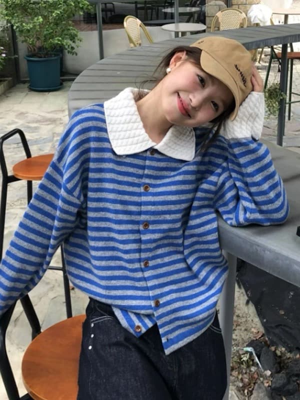 작은 샤넬 스타일 스트라이프 POLO 칼라 긴팔 스웨터 니트 스웨터 여성 조기 가을 느긋한 느슨함 센스 착용 가져 가라. 재킷 맨위 이미지 2