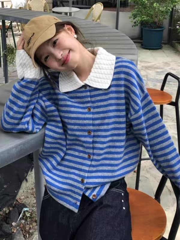 작은 샤넬 스타일 스트라이프 POLO 칼라 긴팔 스웨터 니트 스웨터 여성 조기 가을 느긋한 느슨함 센스 착용 가져 가라. 재킷 맨위 이미지 3