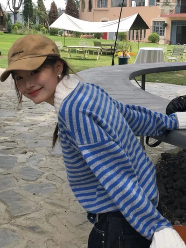 작은 샤넬 스타일 스트라이프 POLO 칼라 긴팔 스웨터 니트 스웨터 여성 조기 가을 느긋한 느슨함 센스 착용 가져 가라. 재킷 맨위 이미지 4