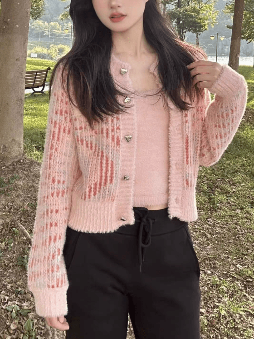 가을 새로운 쇼트 스타일 핑크색 작은 샤넬 스타일 니트 오픈 가디건 스웨터 코트 슬립 투피스 슈트 여성