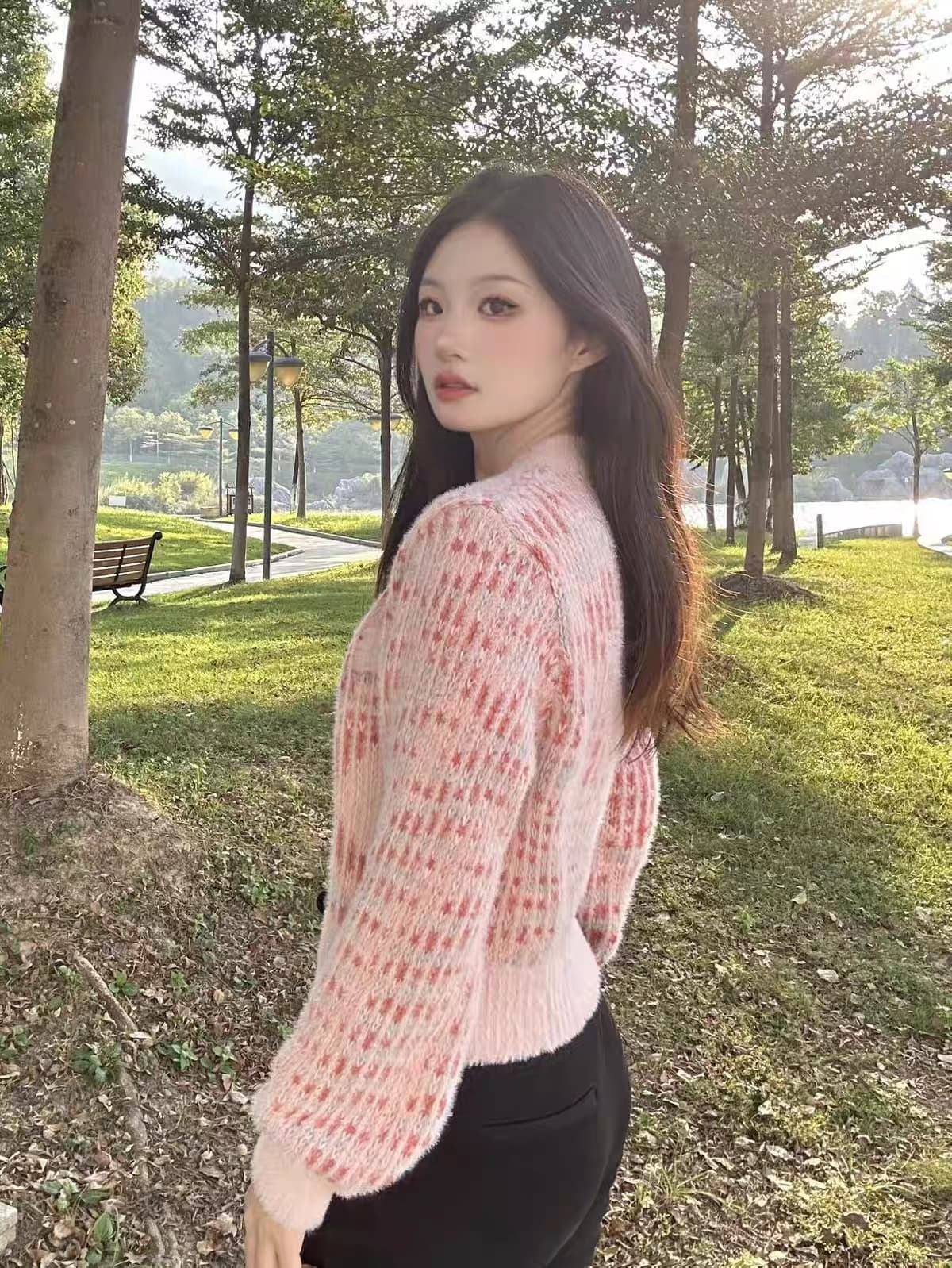 가을 새로운 쇼트 스타일 핑크색 작은 샤넬 스타일 니트 오픈 가디건 스웨터 코트 슬립 투피스 슈트 여성 이미지 2