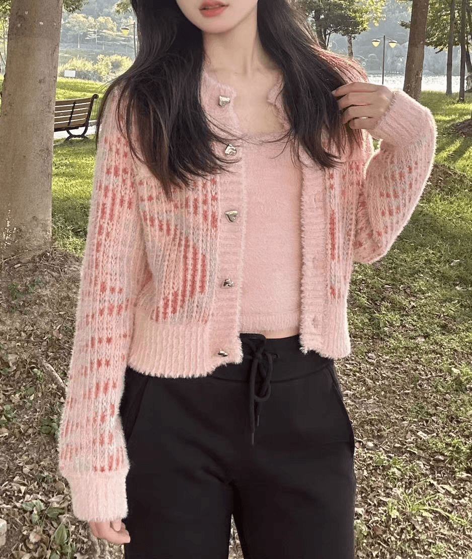가을 새로운 쇼트 스타일 핑크색 작은 샤넬 스타일 니트 오픈 가디건 스웨터 코트 슬립 투피스 슈트 여성 이미지 3
