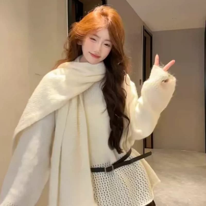 한 부서 느긋한 바람 단색 다용도 풀오버 니트 스웨터 스카프 벨트 여성 2026 가을 겨울 새로운 3종 세트 이미지 2