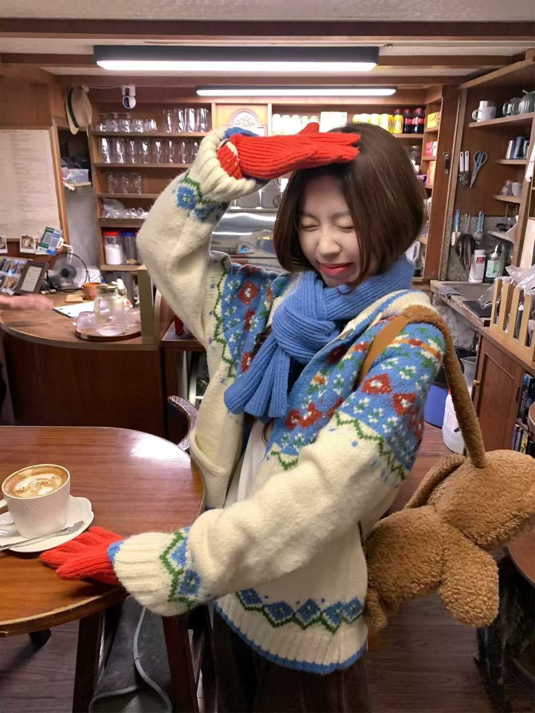 2026 새로운 공정한 섬 배색 자카드 품격 후드 긴팔 니트 오픈 가디건 여성 겨울 루즈핏 다용도 맨위
