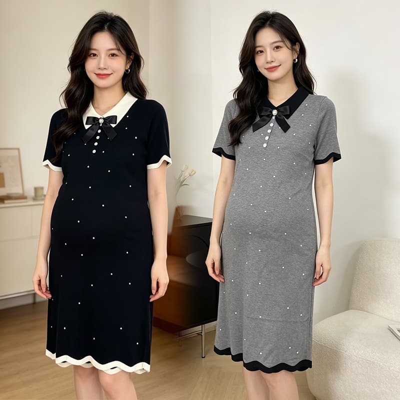 출산 착용 여름 새로운 니트 얇은 스타일 폴로 칼라 나비 매듭 드레스 여름 드레스 이미지 2