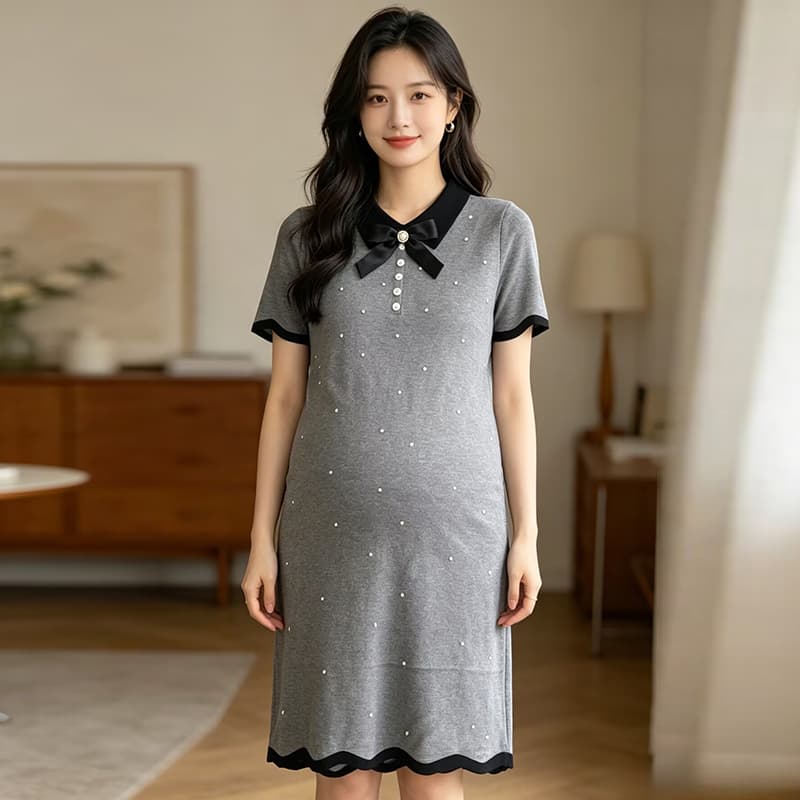출산 착용 여름 새로운 니트 얇은 스타일 폴로 칼라 나비 매듭 드레스 여름 드레스 이미지 4