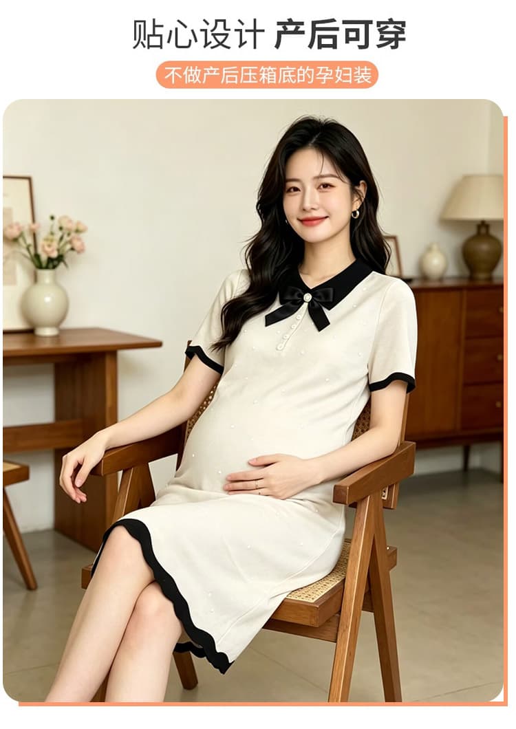 출산 착용 여름 새로운 니트 얇은 스타일 폴로 칼라 나비 매듭 드레스 여름 드레스 상세 이미지 4