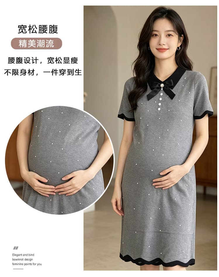 출산 착용 여름 새로운 니트 얇은 스타일 폴로 칼라 나비 매듭 드레스 여름 드레스 상세 이미지 6