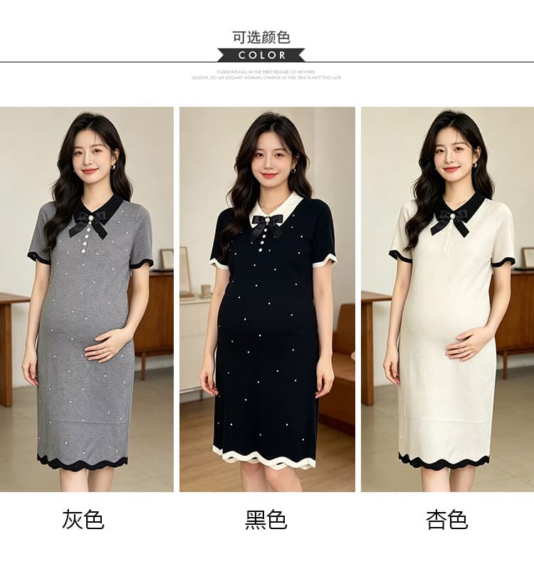 출산 착용 여름 새로운 니트 얇은 스타일 폴로 칼라 나비 매듭 드레스 여름 드레스 상세 이미지 10