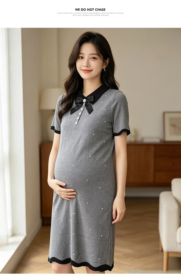 출산 착용 여름 새로운 니트 얇은 스타일 폴로 칼라 나비 매듭 드레스 여름 드레스 상세 이미지 14