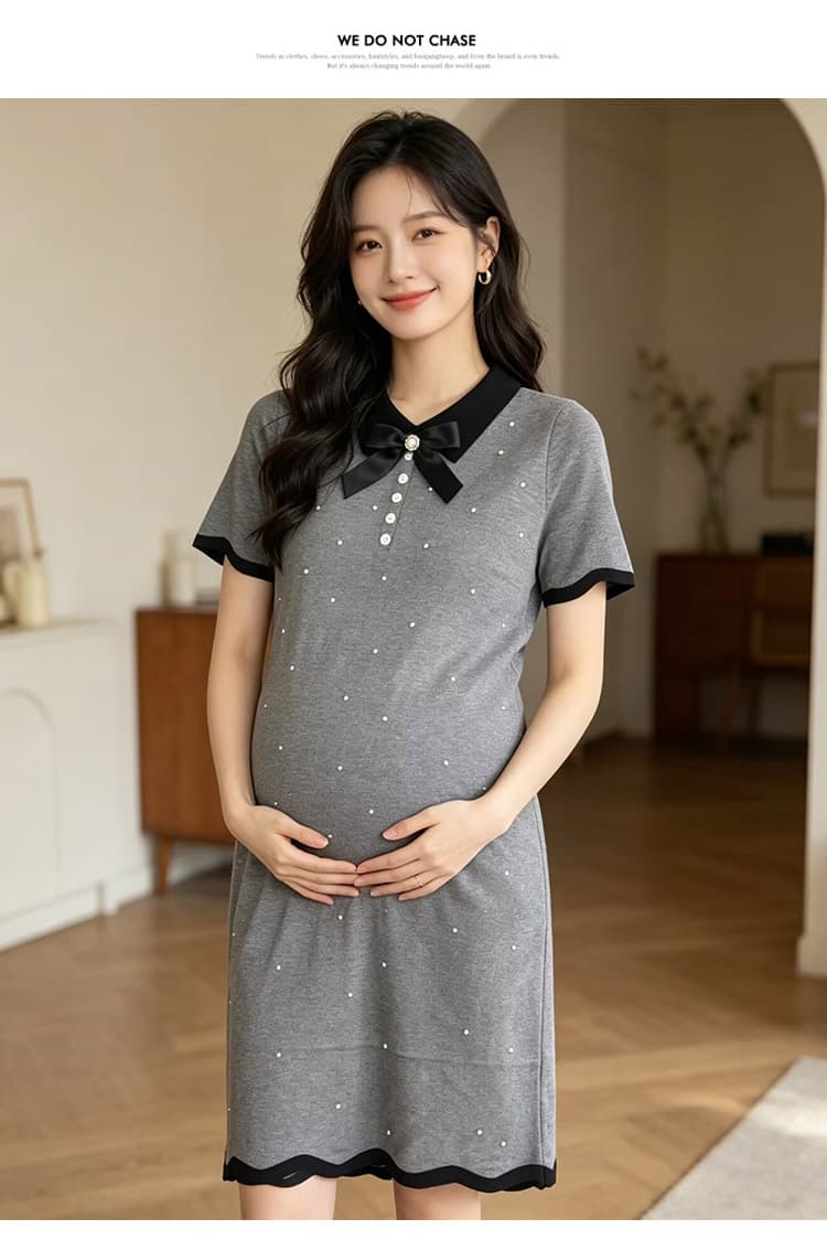출산 착용 여름 새로운 니트 얇은 스타일 폴로 칼라 나비 매듭 드레스 여름 드레스 상세 이미지 15