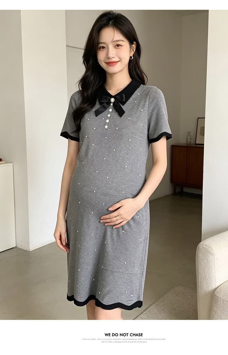 출산 착용 여름 새로운 니트 얇은 스타일 폴로 칼라 나비 매듭 드레스 여름 드레스 상세 이미지 19