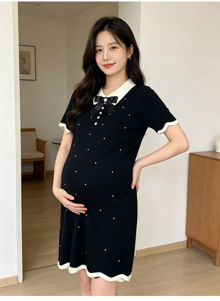 출산 착용 여름 새로운 니트 얇은 스타일 폴로 칼라 나비 매듭 드레스 여름 드레스 상세 이미지 20
