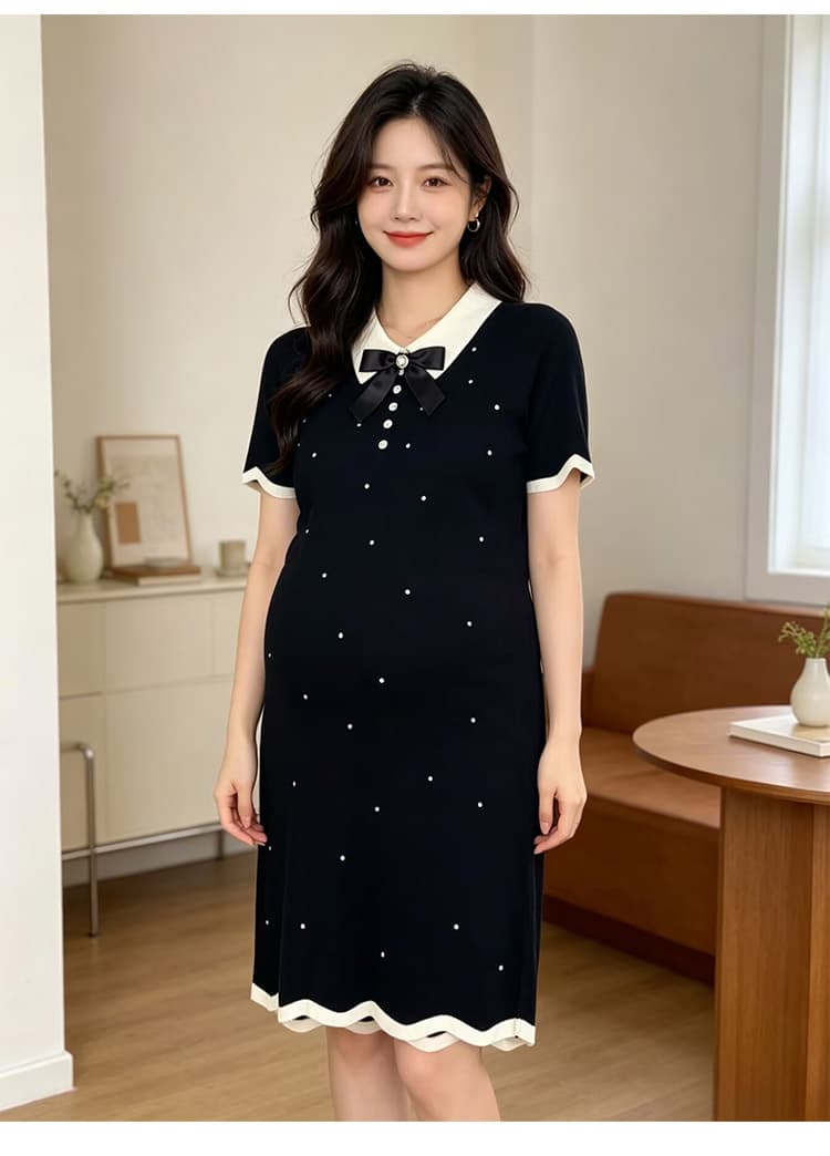 출산 착용 여름 새로운 니트 얇은 스타일 폴로 칼라 나비 매듭 드레스 여름 드레스 상세 이미지 22