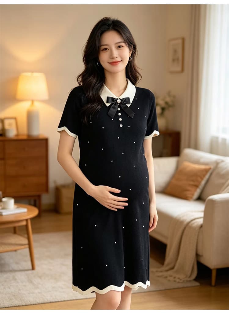 출산 착용 여름 새로운 니트 얇은 스타일 폴로 칼라 나비 매듭 드레스 여름 드레스 상세 이미지 23