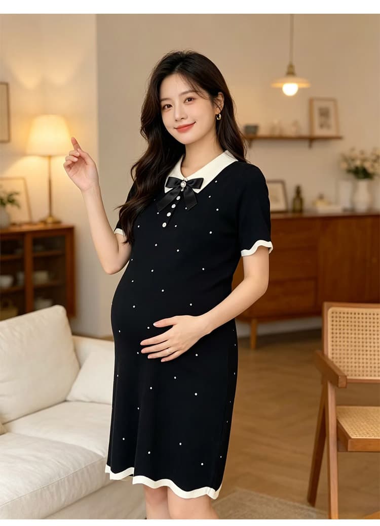 출산 착용 여름 새로운 니트 얇은 스타일 폴로 칼라 나비 매듭 드레스 여름 드레스 상세 이미지 24