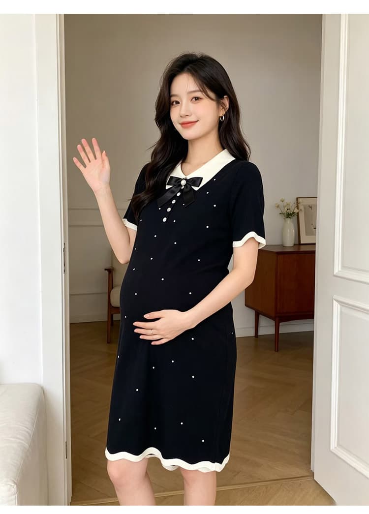 출산 착용 여름 새로운 니트 얇은 스타일 폴로 칼라 나비 매듭 드레스 여름 드레스 상세 이미지 25
