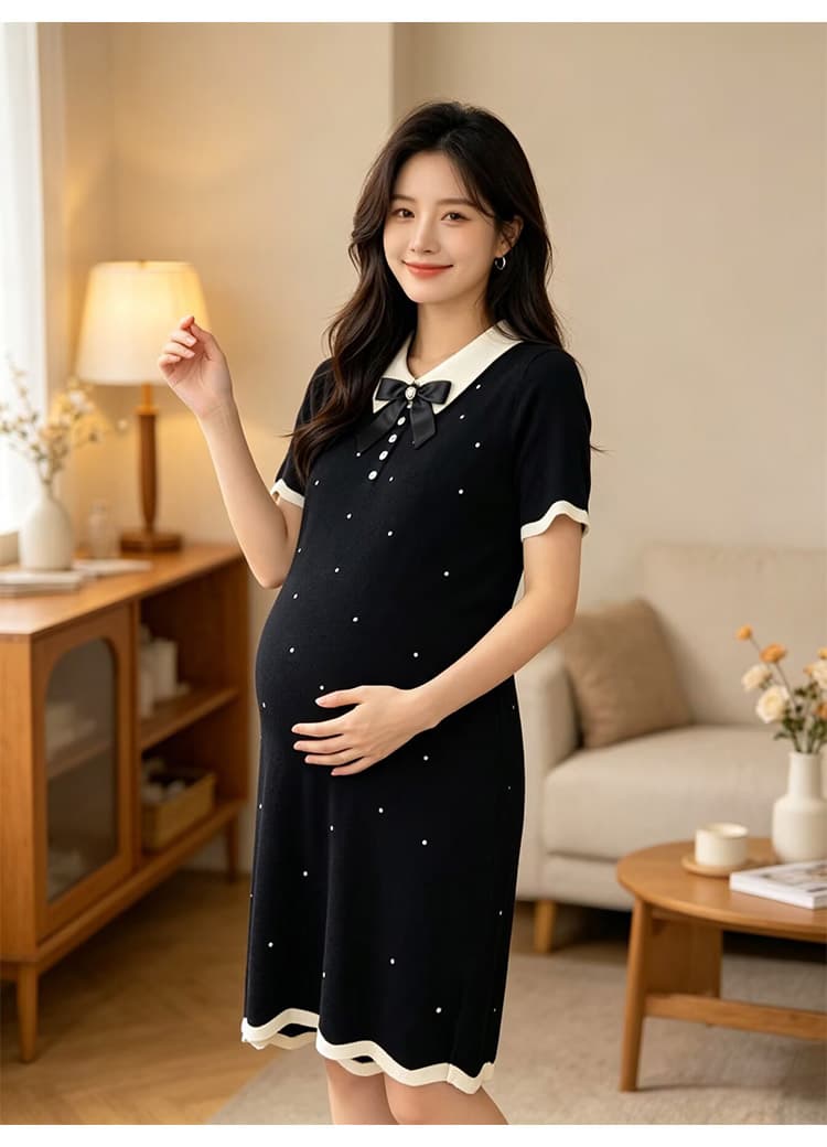 출산 착용 여름 새로운 니트 얇은 스타일 폴로 칼라 나비 매듭 드레스 여름 드레스 상세 이미지 26