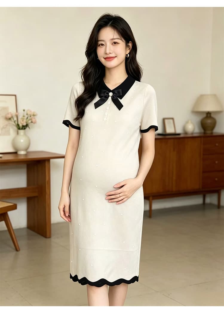 출산 착용 여름 새로운 니트 얇은 스타일 폴로 칼라 나비 매듭 드레스 여름 드레스 상세 이미지 28