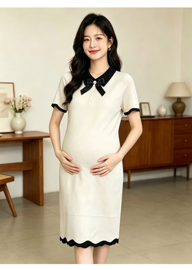 출산 착용 여름 새로운 니트 얇은 스타일 폴로 칼라 나비 매듭 드레스 여름 드레스 상세 이미지 29