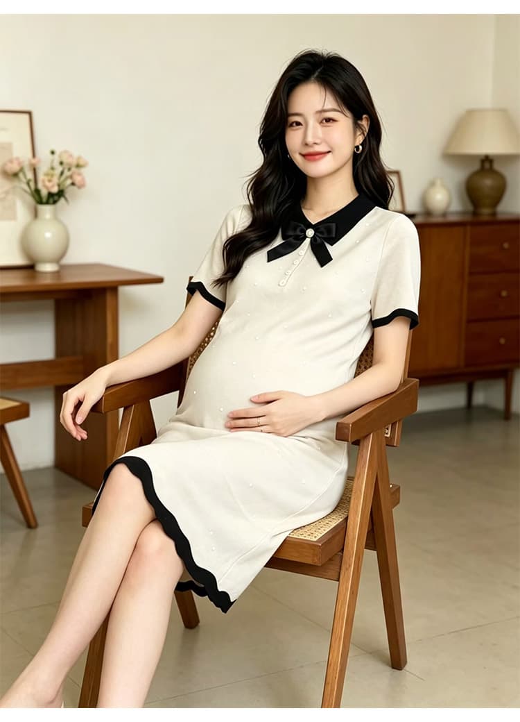 출산 착용 여름 새로운 니트 얇은 스타일 폴로 칼라 나비 매듭 드레스 여름 드레스 상세 이미지 31
