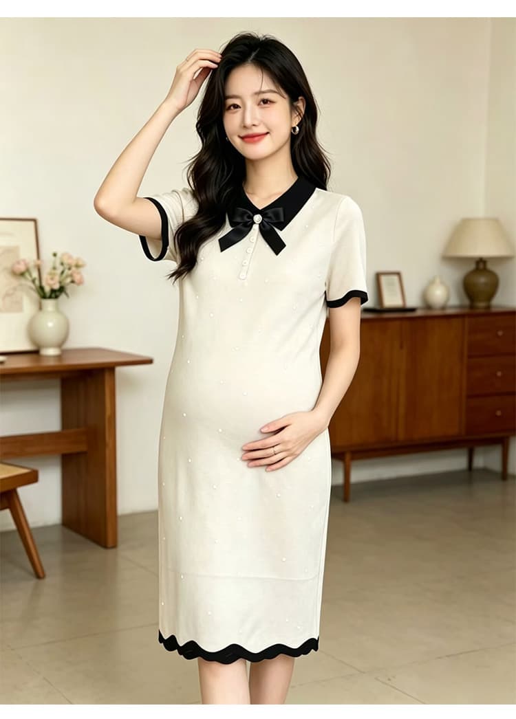 출산 착용 여름 새로운 니트 얇은 스타일 폴로 칼라 나비 매듭 드레스 여름 드레스 상세 이미지 32