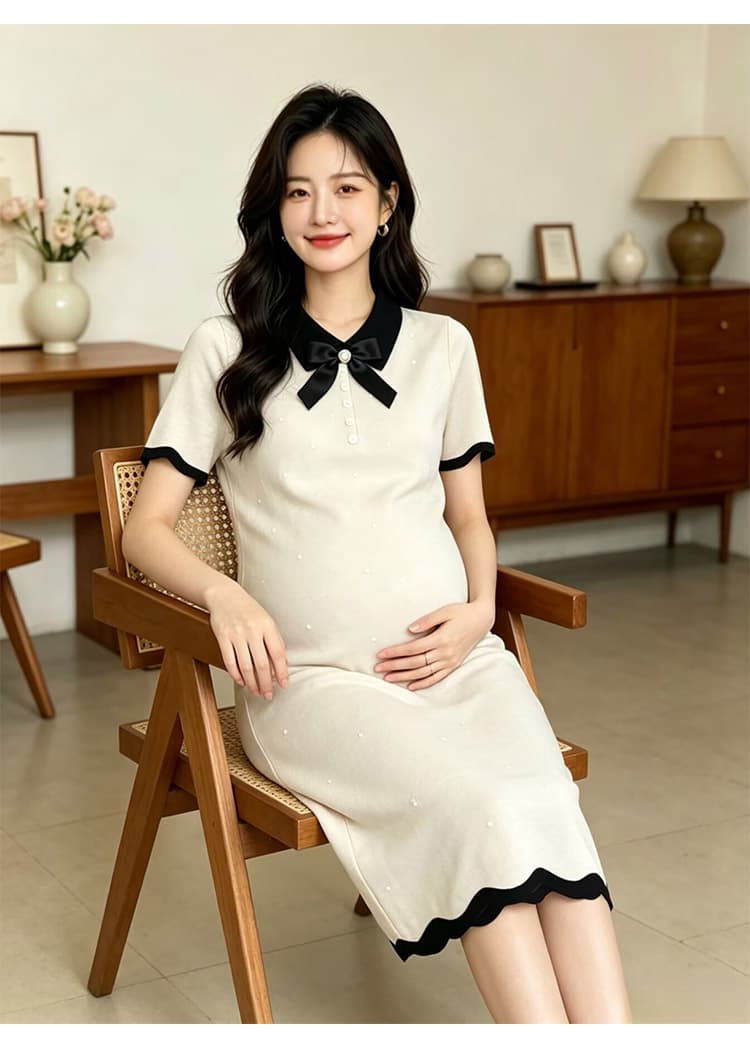 출산 착용 여름 새로운 니트 얇은 스타일 폴로 칼라 나비 매듭 드레스 여름 드레스 상세 이미지 34