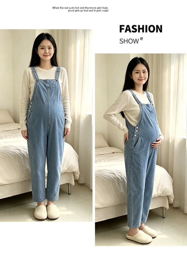 임산부 가을 겨울 새로운 패션 루즈핏 빅 사이즈 데님 멜빵 바지 외출용 멜빵 상세 이미지 11