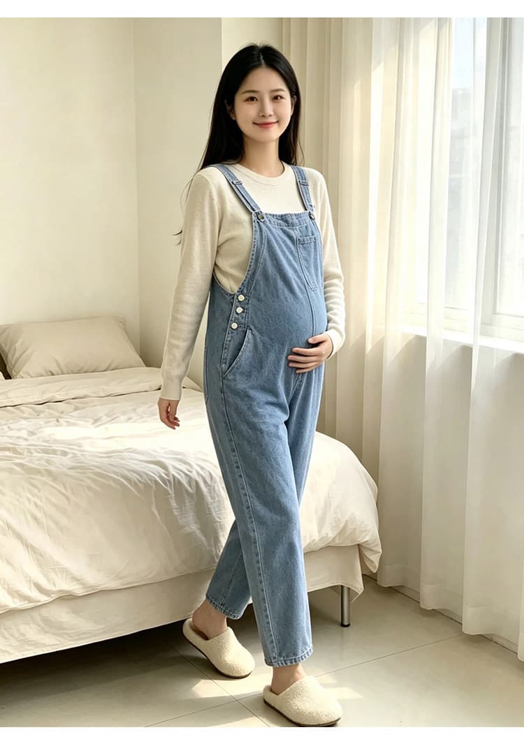 임산부 가을 겨울 새로운 패션 루즈핏 빅 사이즈 데님 멜빵 바지 외출용 멜빵 상세 이미지 14