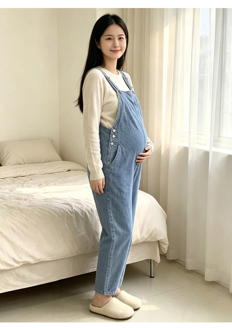임산부 가을 겨울 새로운 패션 루즈핏 빅 사이즈 데님 멜빵 바지 외출용 멜빵 상세 이미지 21