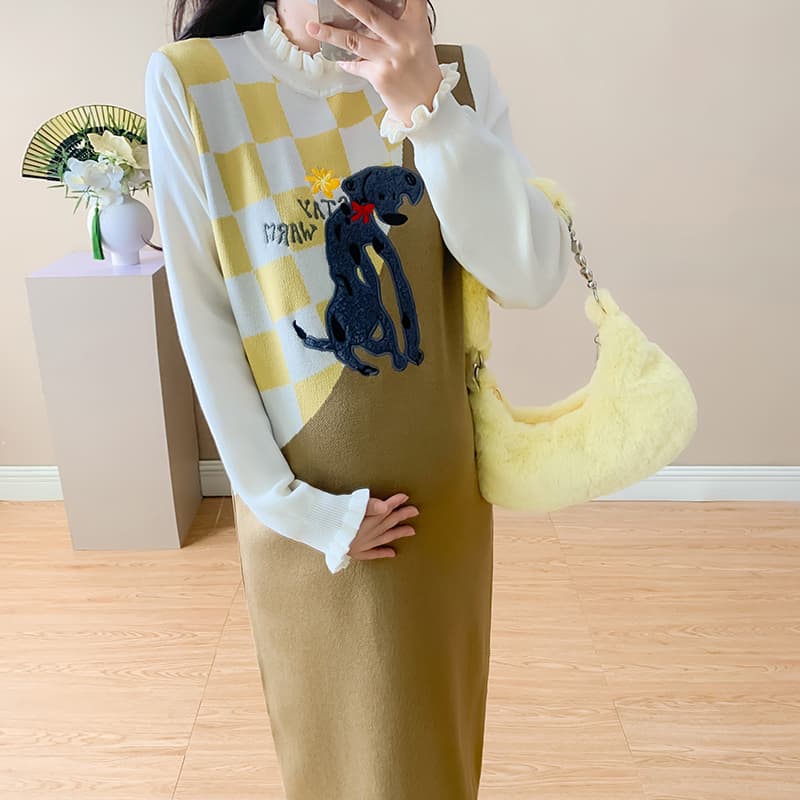 실사 임산부 니트 드레스 새로운 봄 가을 작은 공룡 고급 센스 루즈핏 롱 스커트 이미지 4
