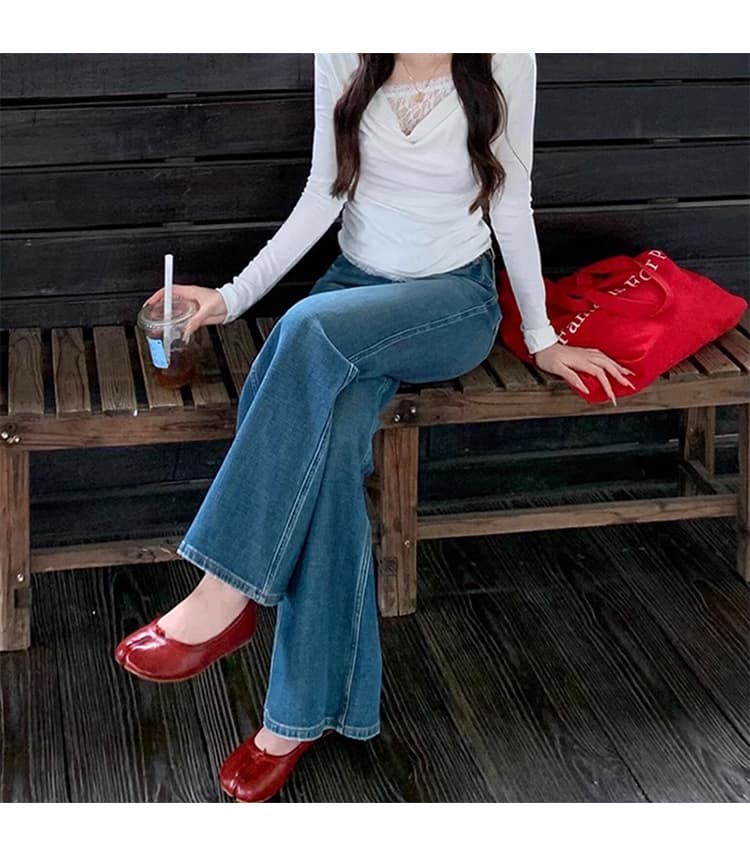 실사 높은 품질 청바지 임산부 나팔 바지 신축성 몸매 가꾸기 부츠컷 데님 바지 봄 가을 겨울 상세 이미지 8