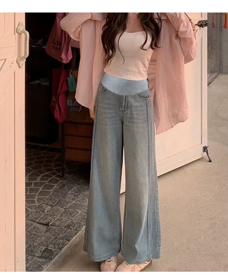 실사 2026 새로운 봄과 가을 옷 임산부 청바지 루즈핏 캐주얼 패치워크 넓은 다리 청바지 바지 가을 겨울 상세 이미지 12