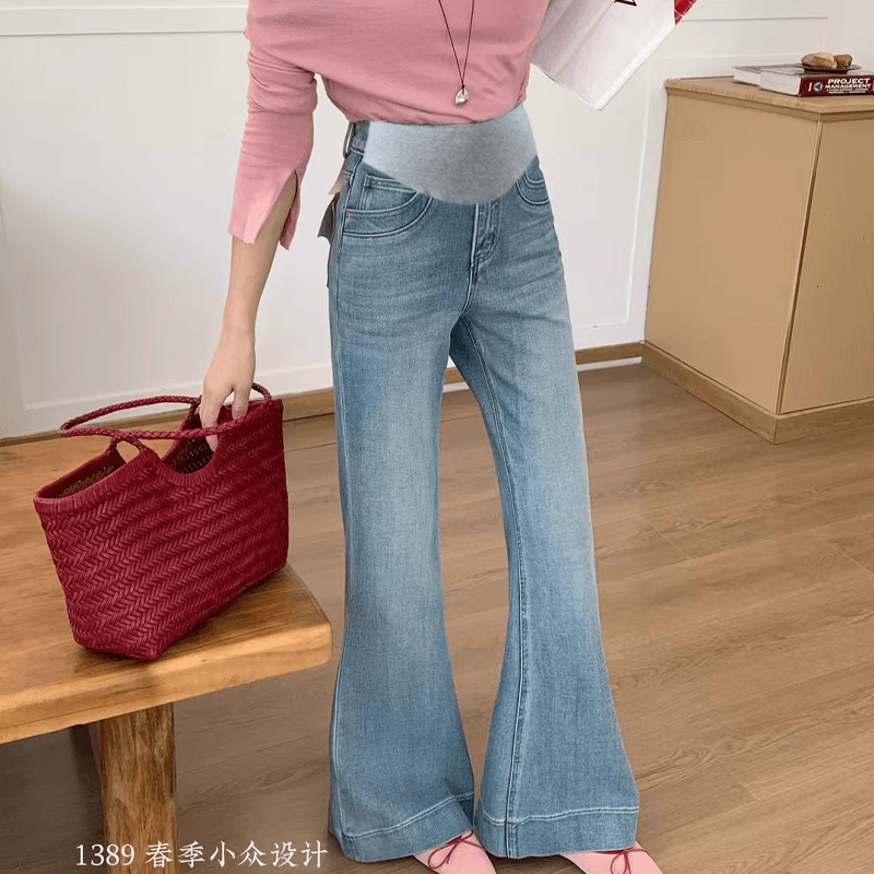2026 새로운 봄과 가을 옷 임산부 루즈핏 한 부서 패션 튜브 라 와이드 레그 팬츠 넓은 측면 나팔 청바지 이미지 4