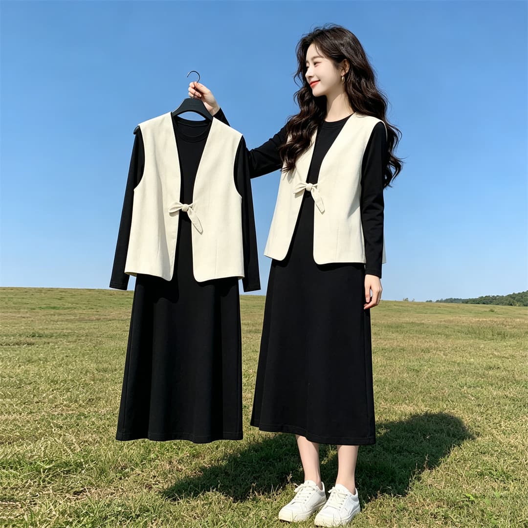 봄 가을 2026 새로운 한 부서 품격 오래된 돈 바람 점프 슈트 치마 세트 여성 고급 센스 나비 매듭 베스트 투피스 세트