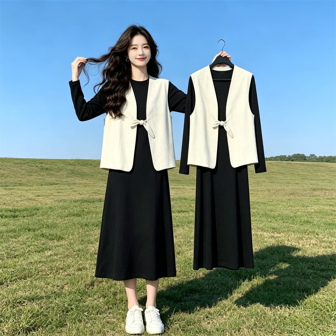 봄 가을 2026 새로운 한 부서 품격 오래된 돈 바람 점프 슈트 치마 세트 여성 고급 센스 나비 매듭 베스트 투피스 세트 이미지 3