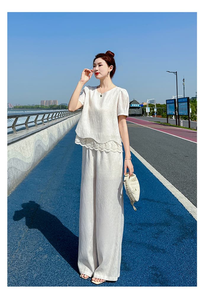 올해 인기 ~ 중 패션 세트 여성 여름 2026 새로운 외국 가스 연령 감소 아마 캐주얼 와이드 레그 팬츠 투피스 세트 상세 이미지 12
