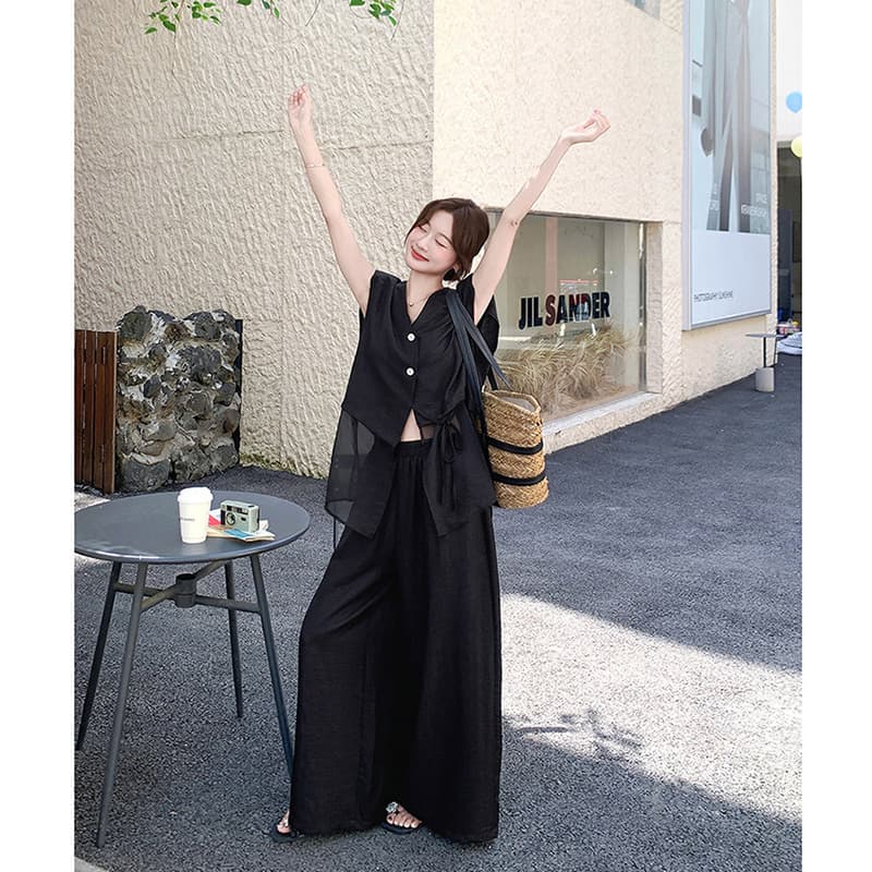망사 패치워크 검정색 셔츠 와이드 레그 팬츠 세트 여성 여름 2026 새로운 투피스 세트 빛 요리 한 작은 대중 폭발 인기 이미지 4