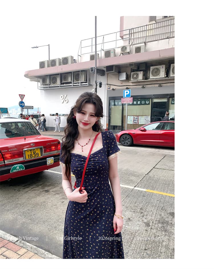 2026 프랑스식 레트로 꽃무늬 여성 드레스 여름 새로운 품격 허리 수축 슬림해 보이는 부드러운 롱 스커트 상세 이미지 7