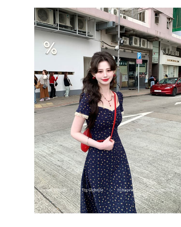 2026 프랑스식 레트로 꽃무늬 여성 드레스 여름 새로운 품격 허리 수축 슬림해 보이는 부드러운 롱 스커트 상세 이미지 16