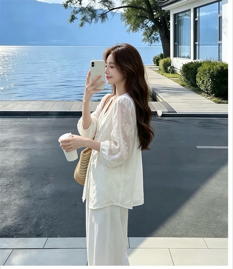 고유 한 아름다운 인기 슈퍼 화재 여름 ootd 착용 가져 가라. 전체 집합 무거운 작업 자수 쉬폰 블라우스 와이드 레그 팬츠 투피스 세트 상세 이미지 4