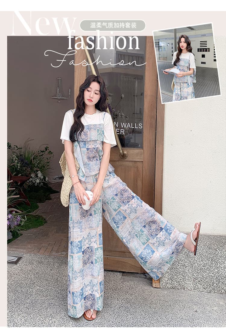 한국 스타일 디자인 센스 쉬폰 프린트 티셔츠 맨위 캐주얼 얇은 스타일 루즈핏 와이드 레그 팬츠 두 조각 여성 세트 여름 새로운 상세 이미지 3