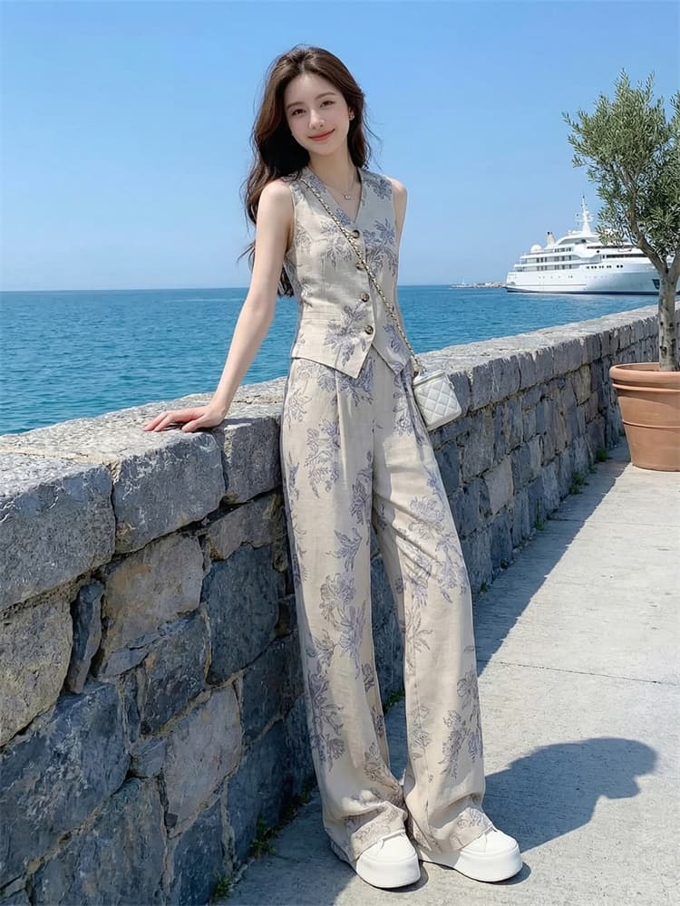 2026 레트로 빛 럭셔리 여름 민소매 베스트 와이드 레그 팬츠 세트 한 부서 연령 감소 캐주얼 운동 투피스 세트 상세 이미지 1