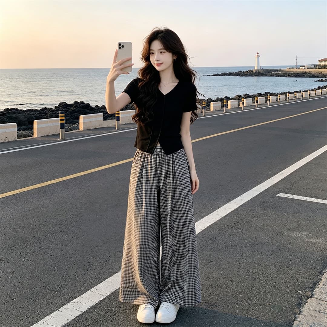 2026 새로운 연령 감소 전체 집합 착용 가져 가라. 빛 요리 한 바람 맨위 넓은 다리 치마바지 표지 고기 슬림해 보이는 폭발 투피스 세트 이미지 4