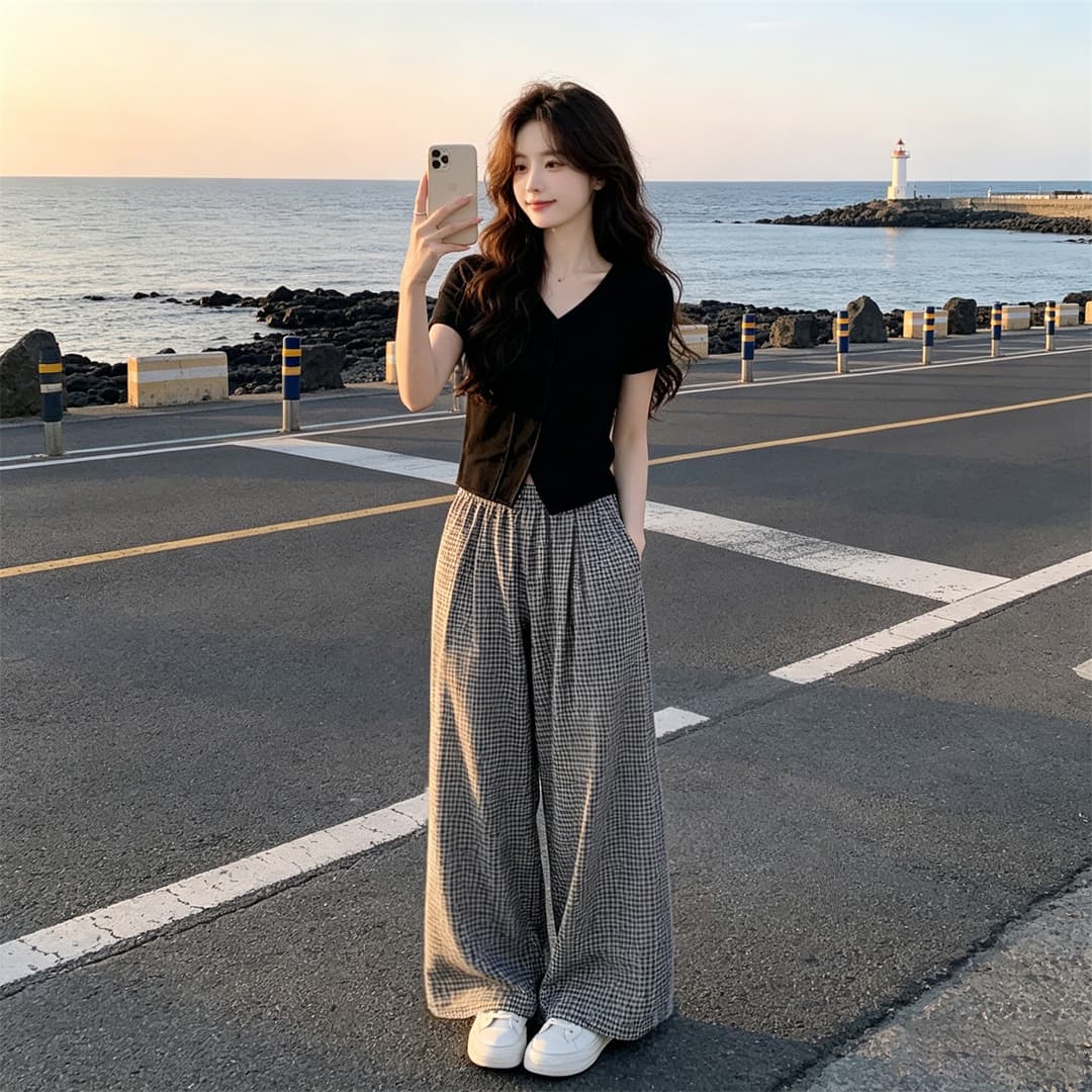 2026 새로운 연령 감소 전체 집합 착용 가져 가라. 빛 요리 한 바람 맨위 넓은 다리 치마바지 표지 고기 슬림해 보이는 폭발 투피스 세트 이미지 2
