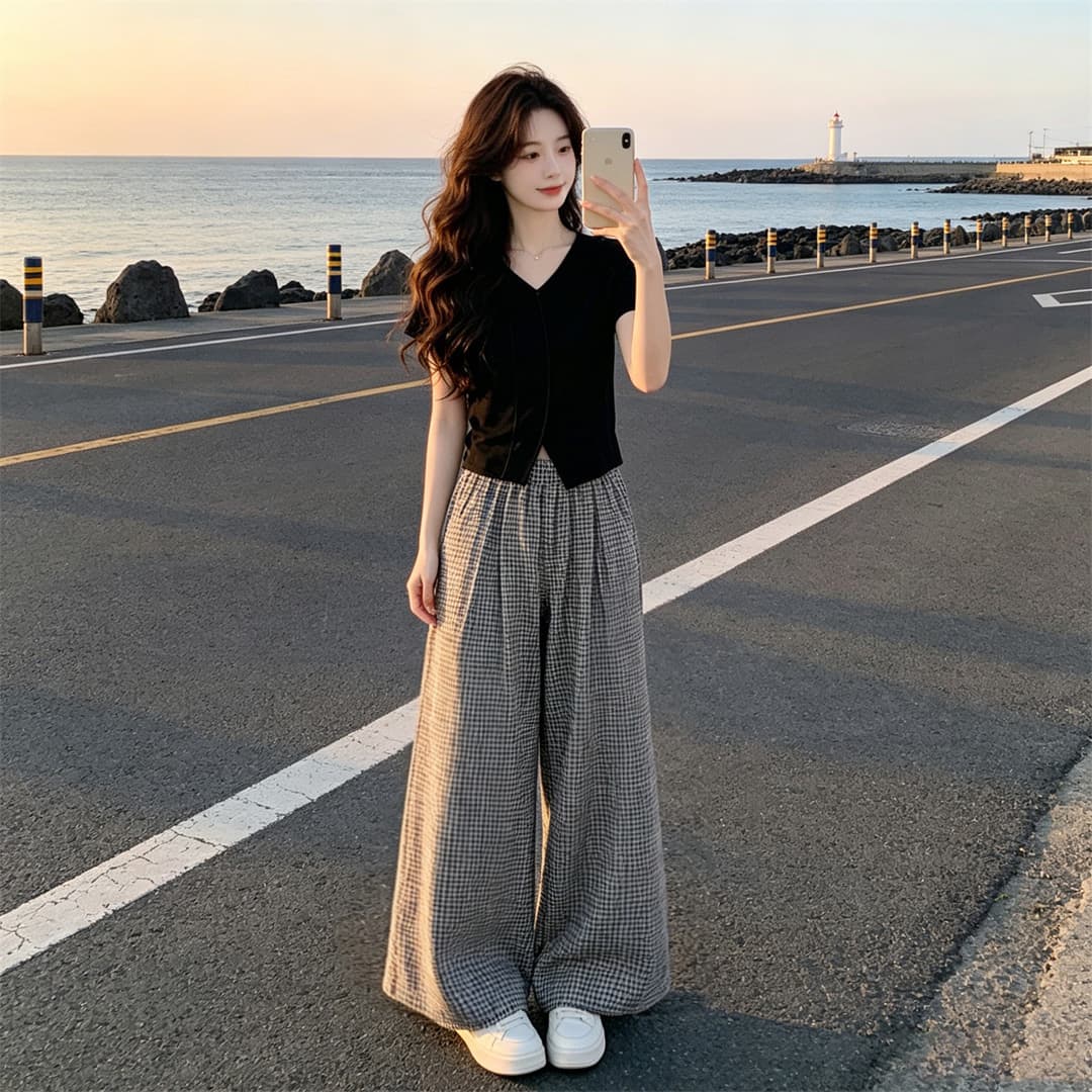 2026 새로운 연령 감소 전체 집합 착용 가져 가라. 빛 요리 한 바람 맨위 넓은 다리 치마바지 표지 고기 슬림해 보이는 폭발 투피스 세트 상세 이미지 6