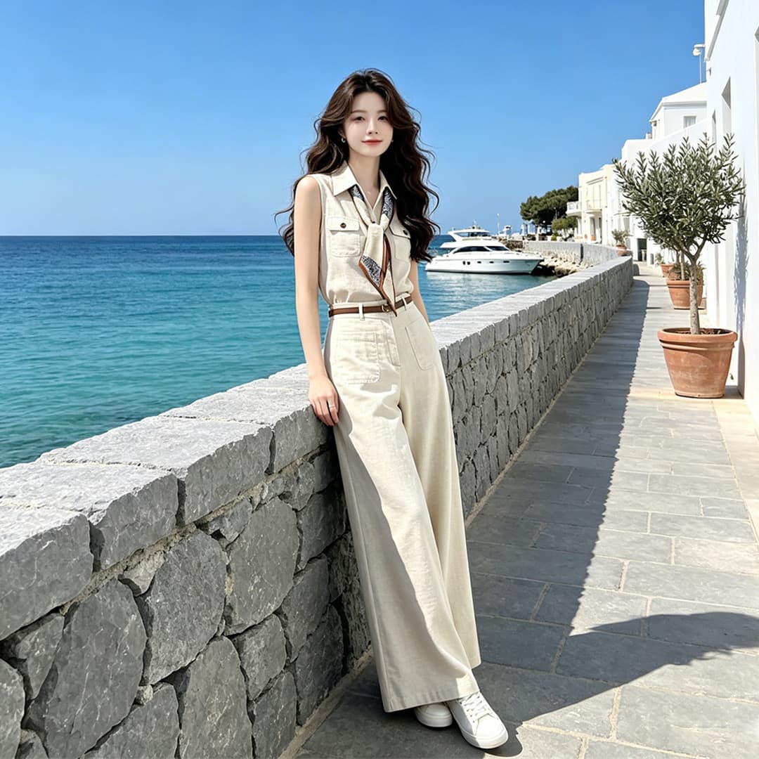 한 부서 오래된 돈 바람 아마 정장 베스트 민소매 맨위 하이웨이스트 와이드 레그 팬츠 투피스 슈트 여성 여름 전체 집합 이미지 4
