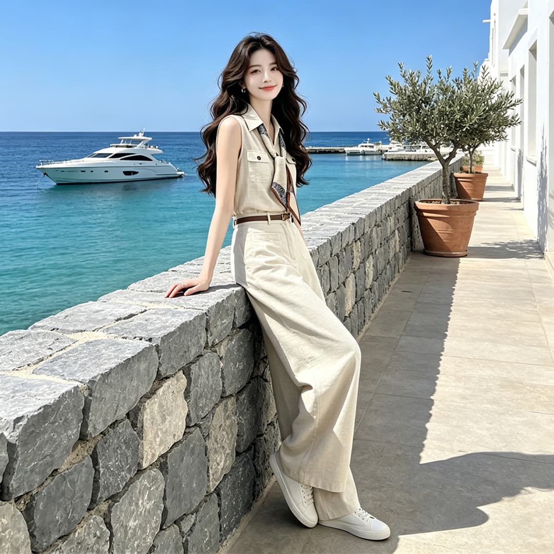 한 부서 오래된 돈 바람 아마 정장 베스트 민소매 맨위 하이웨이스트 와이드 레그 팬츠 투피스 슈트 여성 여름 전체 집합 상세 이미지 2